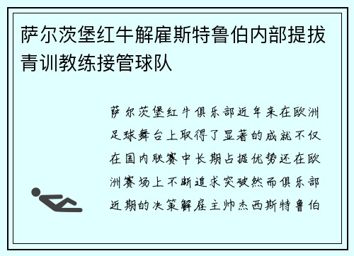 萨尔茨堡红牛解雇斯特鲁伯内部提拔青训教练接管球队 萨尔茨堡红牛解雇斯特鲁伯内部提拔青训教练接管球队